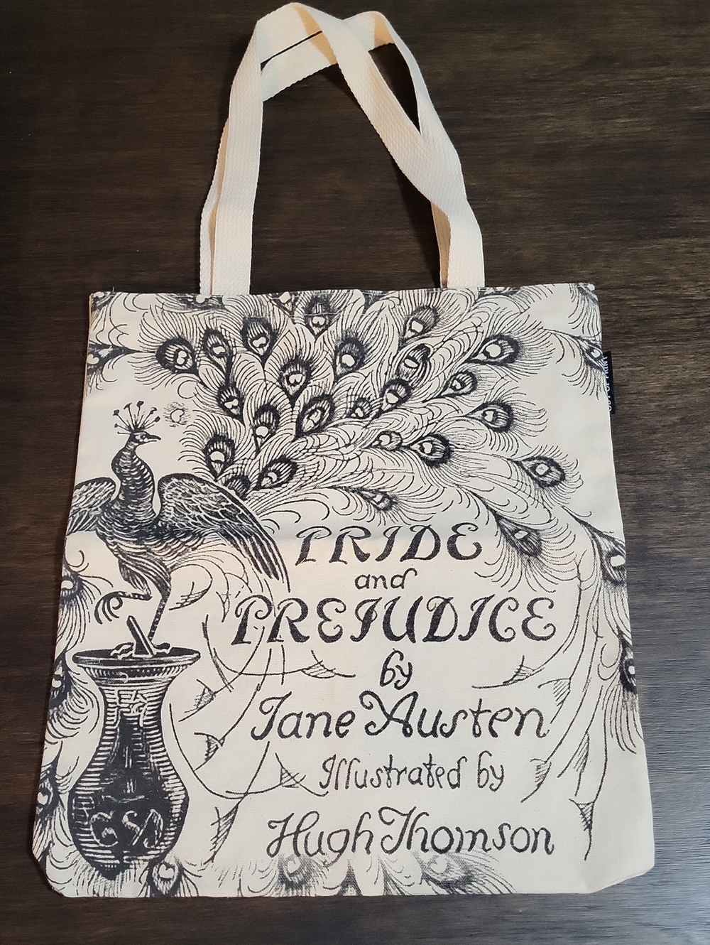 Toms Canvas Tote Bag - Cream and Black Illustrated Peacock